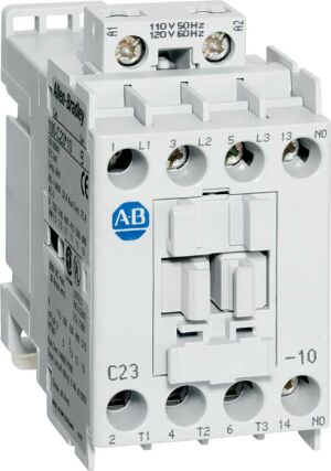 Side Profile of Allen-Bradley 100-C Contactor showing DIN Rail Mounting Clip and Auxiliary Contact Mounting Slots