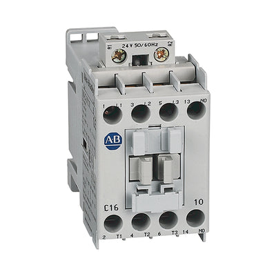 Front View of Allen-Bradley 100-C Contactor showing L1 L2 L3 Line Terminals and 13-14 NO Auxiliary Contact